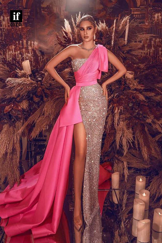 34746 - Amazing One Shoulder Beads High Slit Prom Evening Formal Dress with Train