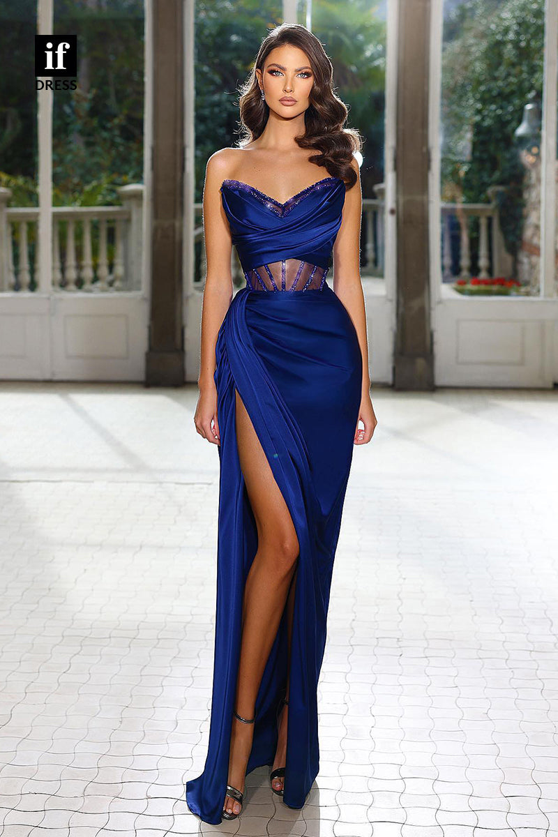 34787 - Stunning Strapless V-Neck Beads Prom Evening Formal Dress with Slit