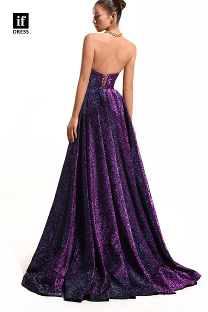 34800 - Glitter Strapless Scoop A-Line High Slit Prom Evening Formal Dress
