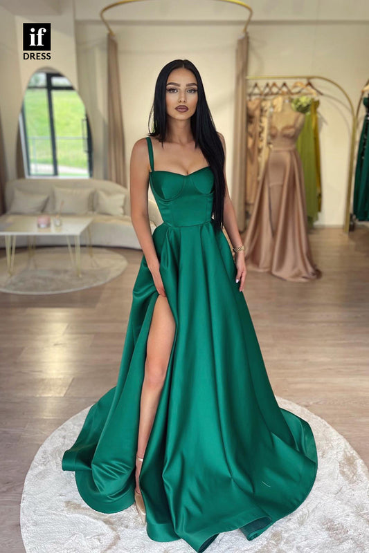 34809 - Timeless A-Line Straps Ruched Prom Evening Formal Dress with Slit