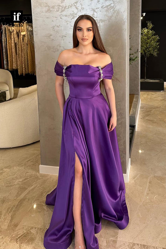 34823 - Elegant A-Line Off-Shoulder Beads Satin Prom Evening Formal Dress with Slit