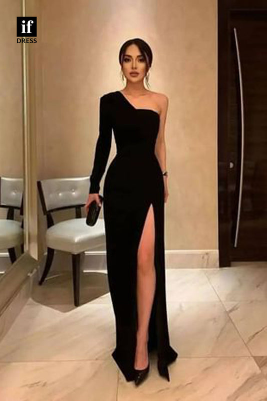 34854 - Classy One Shoulder Long Sleeves Satin Prom Evening Formal Dress with Slit