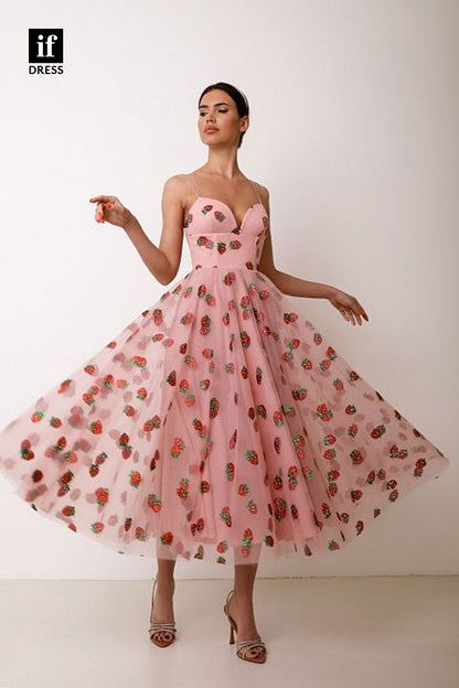 34862 - Sweet A-Line Strawberry Print Straps Prom Formal Party Dress