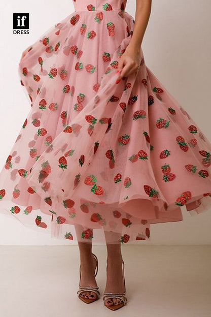 34862 - Sweet A-Line Strawberry Print Straps Prom Formal Party Dress