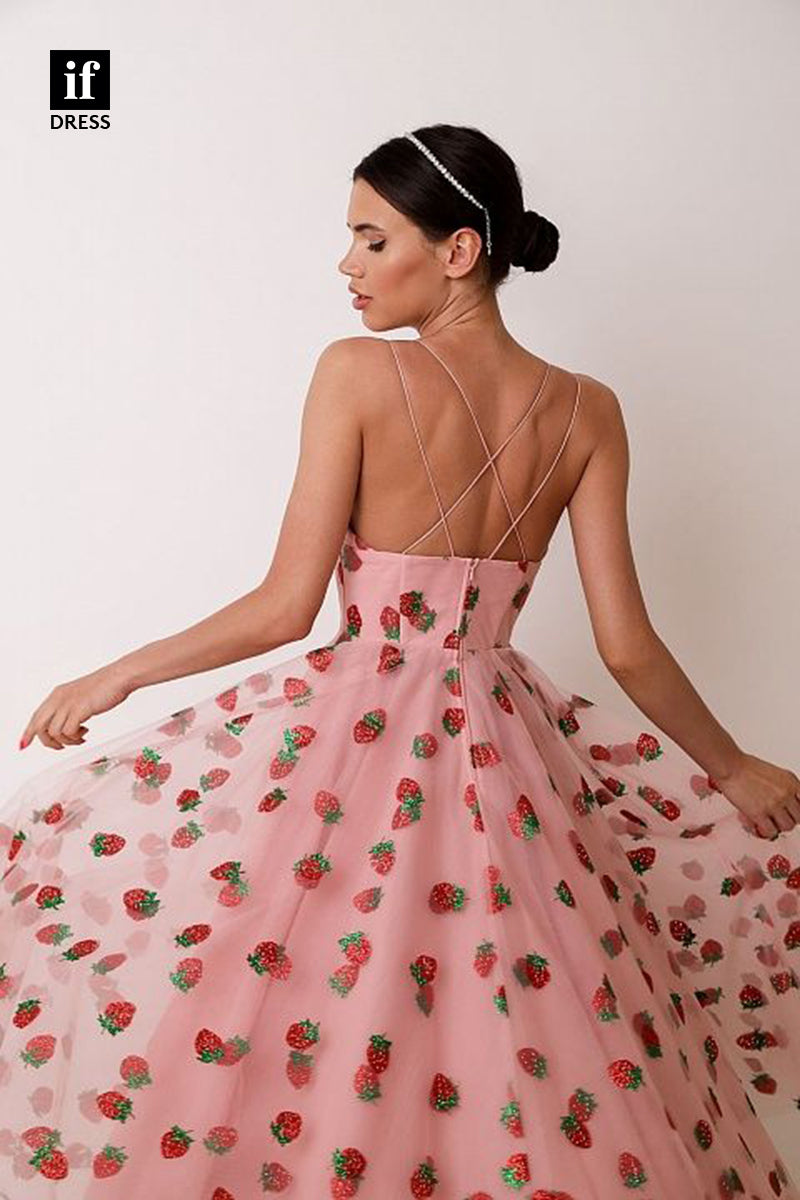 34862 - Sweet A-Line Strawberry Print Straps Prom Formal Party Dress