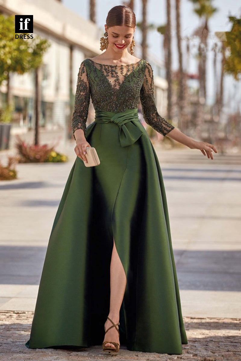 34882 - Chic A-Line Long Sleeves Appliques Belt Evening Formal Dress with Slit