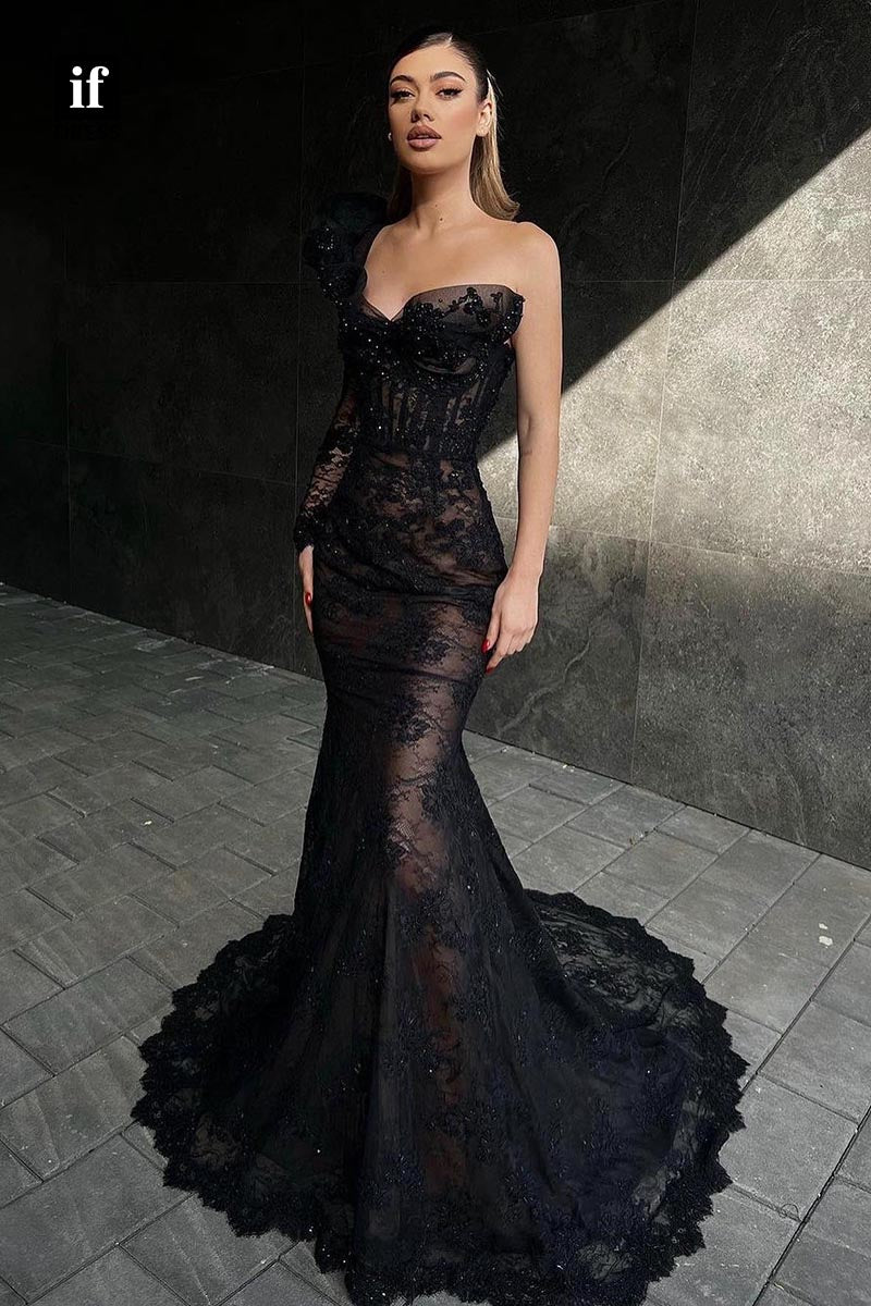 34885 - Luxurious One Shouder Lace Appliques Beads Mermaid Prom Evening Dress