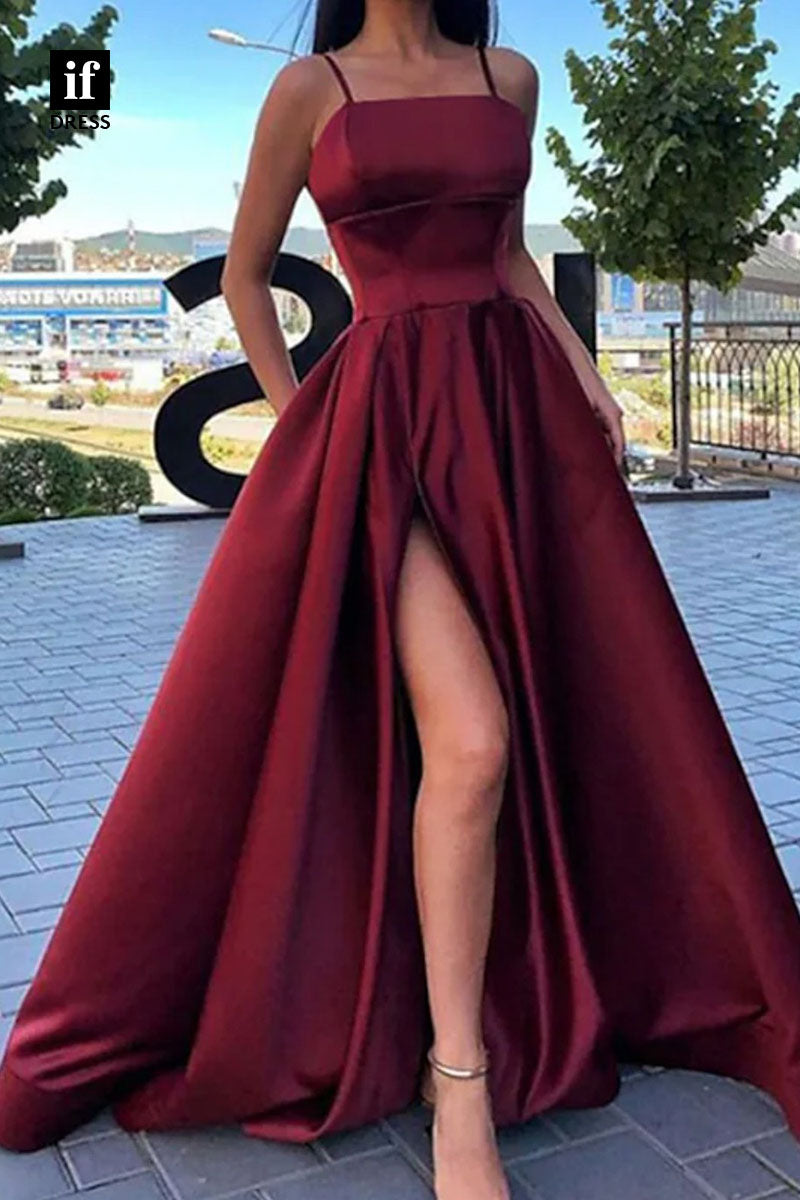34909  - Classic A-Line Straps Pleats Sleeveless Prom Evening Formal Dress with Slit