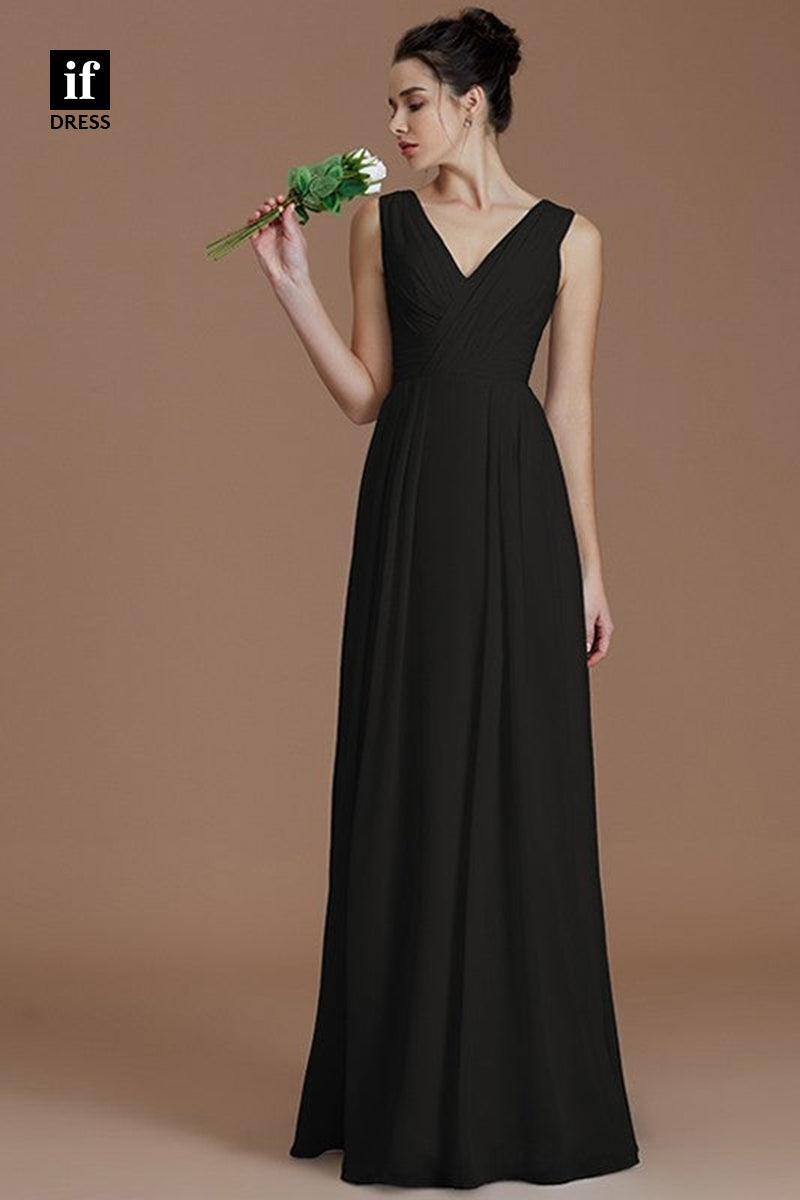 B5035 - Sheath/Colummn Straps V-Neck Sleevesless Pleats Long Bridesmaid Dress