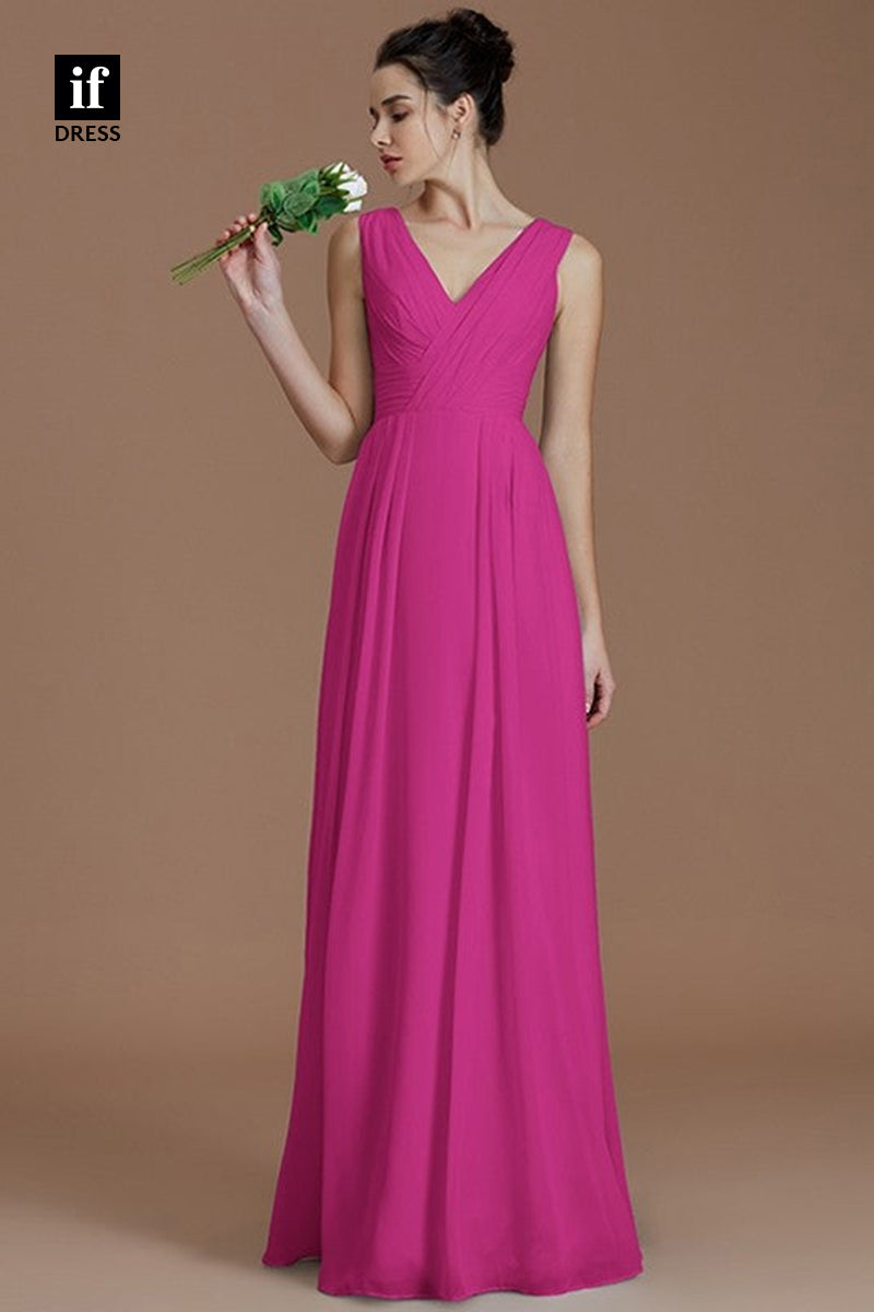 B5035 - Sheath/Colummn Straps V-Neck Sleevesless Pleats Long Bridesmaid Dress