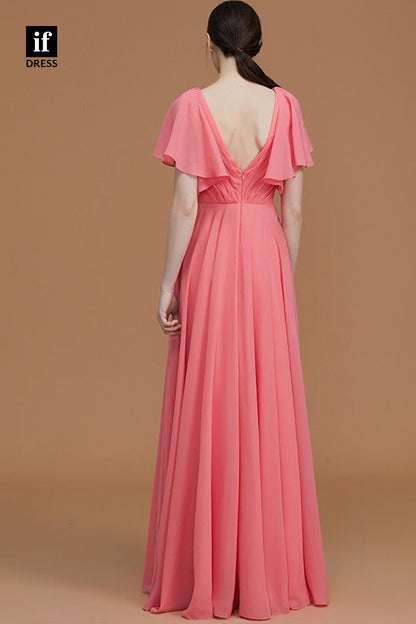 B5036 - V-Neck Ruched Half Sleeves Ruched Long Bridesmaid Dress
