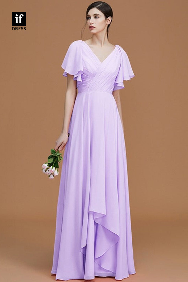 B5036 - V-Neck Ruched Half Sleeves Ruched Long Bridesmaid Dress