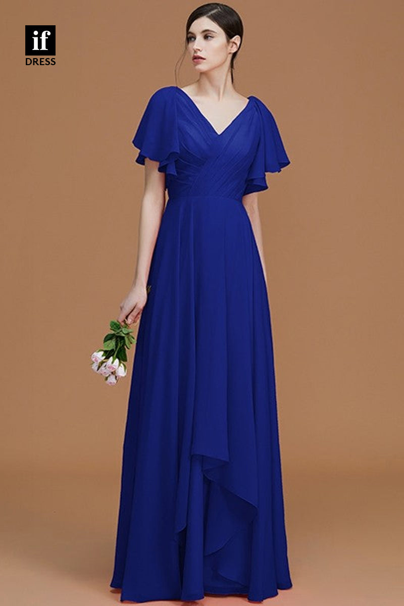 B5036 - V-Neck Ruched Half Sleeves Ruched Long Bridesmaid Dress