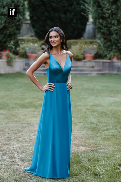 B5070 - Simple Spaghetti Straps Sleeveless Satin A-Line Long Bridesmaids Dress