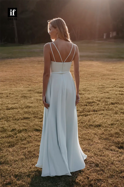 B5072 - Classic Spaghetti Straps Ruched Scoop Slit Long Bridesmaids Dress