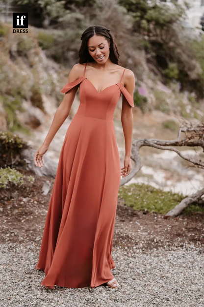 B5076 - Chic Spaghetti Straps V-Neck A-Line Long Bridesmaid Dress