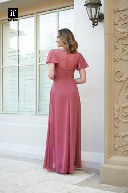 B5092 - Classy Short Sleeves Scoop Chiffon Long Bridesmaid Dress
