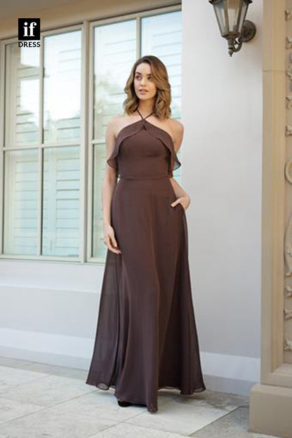 B5093 - Unique Halter Sleeveless A-Line Chiffon Long Bridesmaid Dresswith Pockets