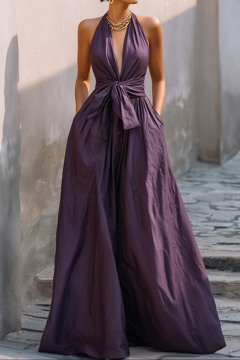 Halter Deep V-Neck Sleeveless Satin Pleated Floor-Length Simple A-Line