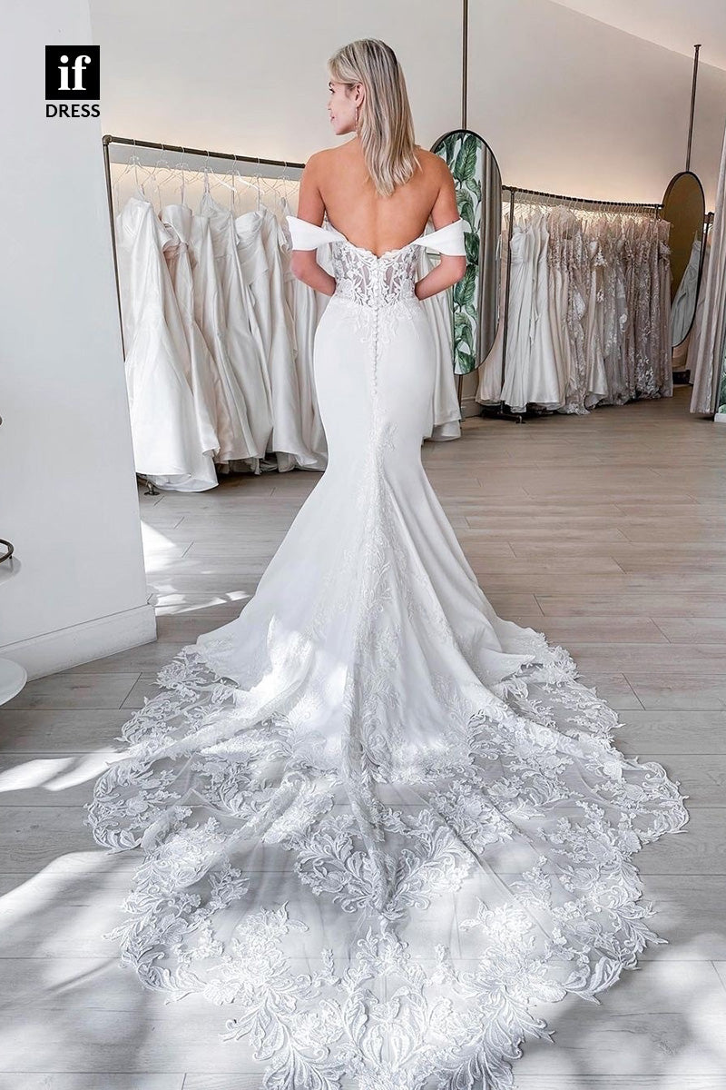 71056 - Timeless Off Shoulder Lace Appliques  Mermaid Beach Wedding Dress