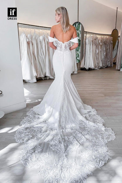 71056 - Timeless Off Shoulder Lace Appliques  Mermaid Beach Wedding Dress