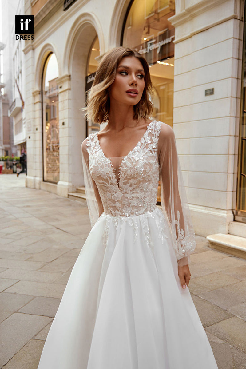 71058 - Flattering A-Line Long Sleeves Lace Appliques Bohoi Wedding Dress
