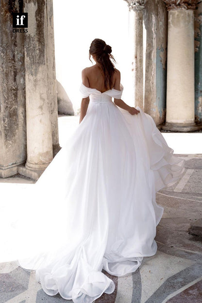 71062 - Off Shoulder A-Line Ruched Side Slit Boho Wedding Dress