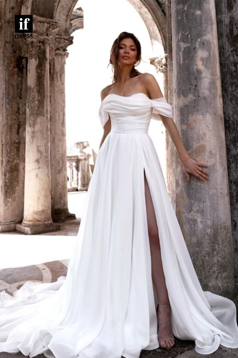 71062 - Off Shoulder A-Line Ruched Side Slit Boho Wedding Dress