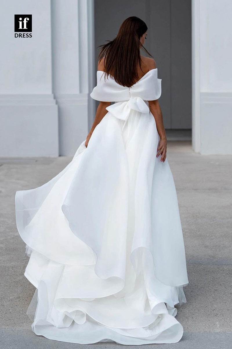 71063 - Off Shoulder V-Neck A-Line Cap Sleeves Boho Wedding Dress