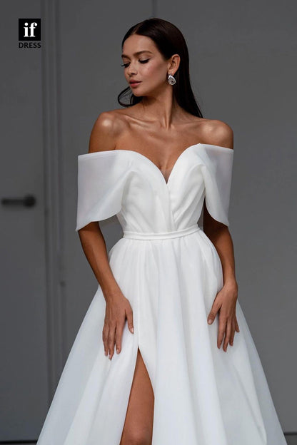 71063 - Off Shoulder V-Neck A-Line Cap Sleeves Boho Wedding Dress