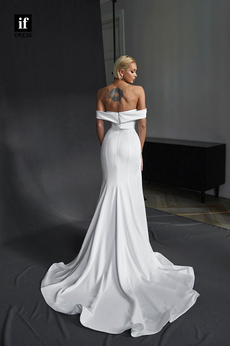 71064 - Classic Off Shoulder Pleats Side Slit Beach Wedding Dress