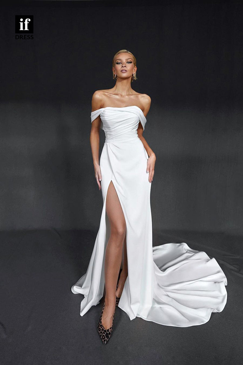71064 - Classic Off Shoulder Pleats Side Slit Beach Wedding Dress