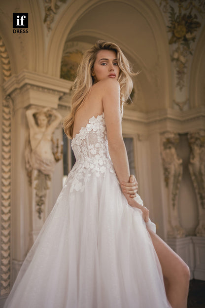 71065 - Charming Off Shoulder V-Neck Lace Appliques Boho Wedding Dress