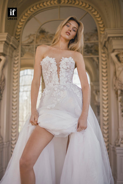 71065 - Charming Off Shoulder V-Neck Lace Appliques Boho Wedding Dress
