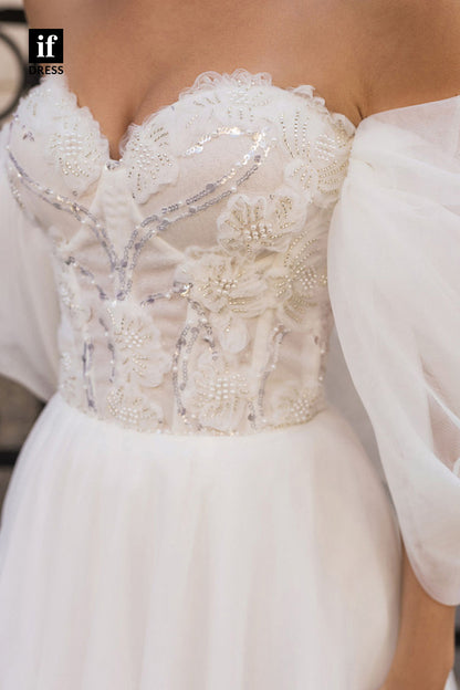 71073 - Off Shoulder Sweetheart A-Line Slit Bohemian Wedding Dress