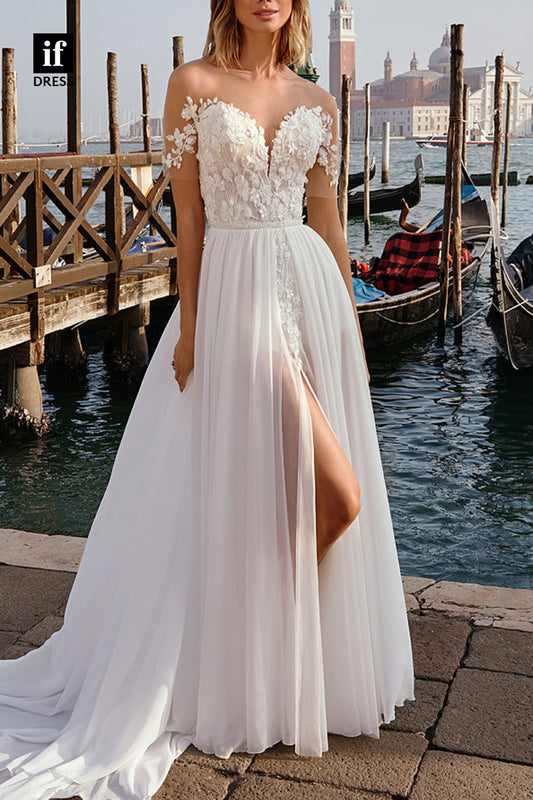 71076 - Unique V-Neck A-Line Lace Appliques Beach Wedding Dress With Slit