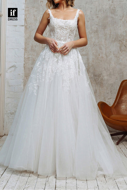 71077 - Straps A-Line Square Lace Appliques Sleeveless Bohemian Wedding Dress