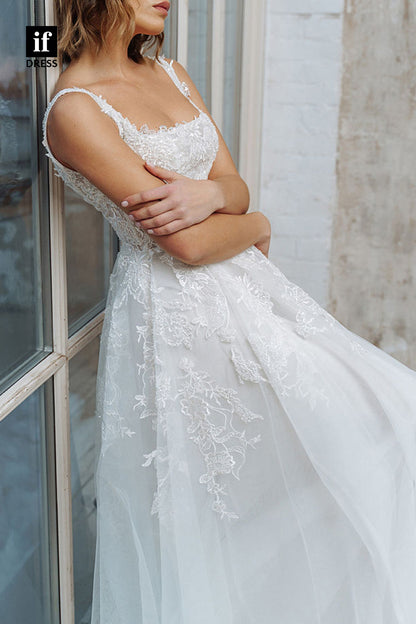 71077 - Straps A-Line Square Lace Appliques Sleeveless Bohemian Wedding Dress