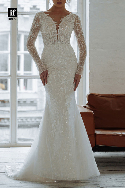 71078 - Plunging V-Neck Long Sleeves Lace Appliques Boho Wedding Dress