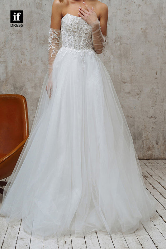 71079 - Strapless Scoop A-Line Appliques Tulle Bohemian Wedding Dress