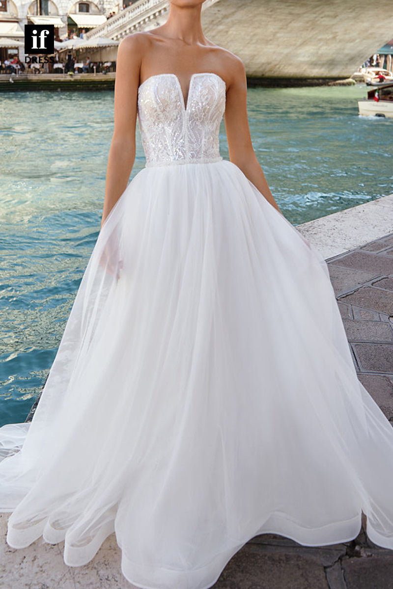 71082 - Classic Strapless A-Line Appliques V-Neck Beach Wedding Dress