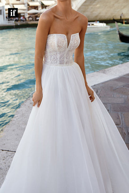 71082 - Classic Strapless A-Line Appliques V-Neck Beach Wedding Dress