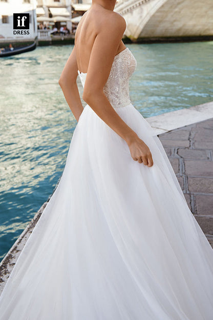 71082 - Classic Strapless A-Line Appliques V-Neck Beach Wedding Dress