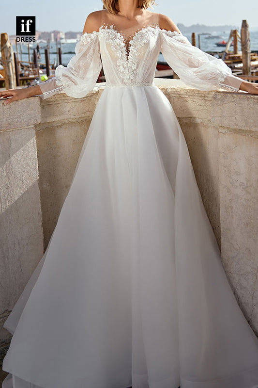 71084 - Wonderful V-Neck Long Sleeves A-Line Beach Wedding Dress