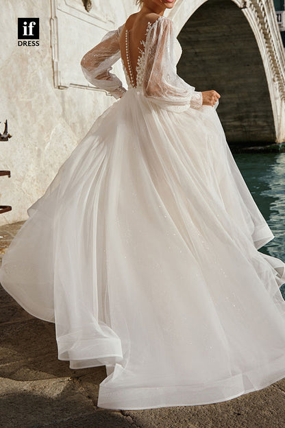 71085 - Stunning Long Sleeves V-Neck Appliques  A-Line Beach Wedding Gown