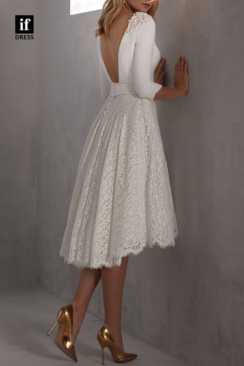 71091 - Simple A-Line V-Neck Long Sleeves Lace Boho Wedding Dress