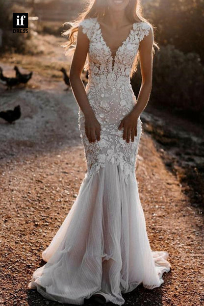 71093 - Exquisite V-Neck Lace Appliques Mermaid Country Bohemian Wedding Dress