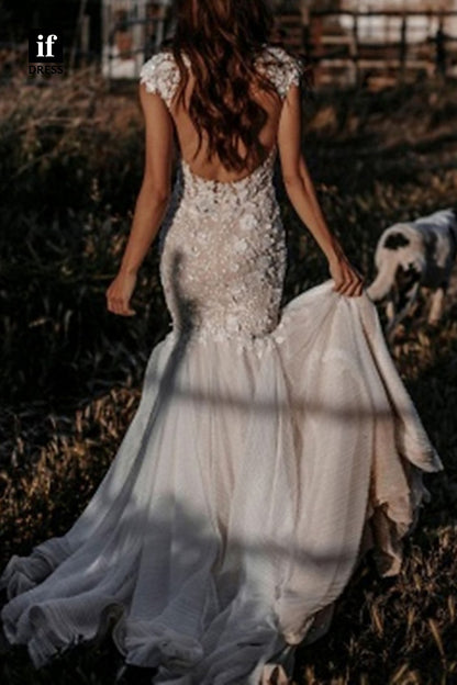 71093 - Exquisite V-Neck Lace Appliques Mermaid Country Bohemian Wedding Dress