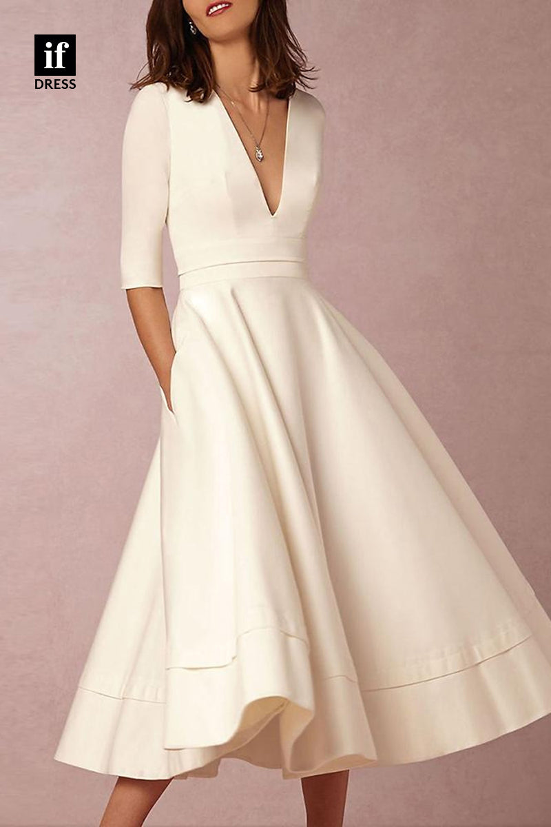 71094 - Elegant A-Line Ruched V-Neck Simple Beach Wedding Dress with Pockets