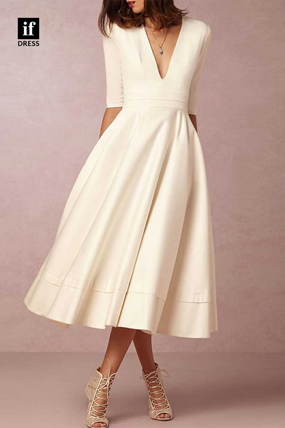 71094 - Elegant A-Line Ruched V-Neck Simple Beach Wedding Dress with Pockets